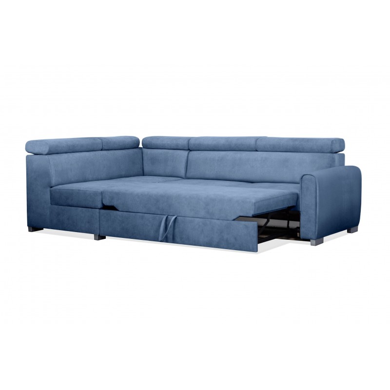 COVO Ecksofa aus blauem Velours mit Schlaffunktion und verstellbaren Kopfstützen 2/9
