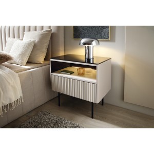 Eleganter Nachttisch RITA aus Kaschmir mit Schublade und LED-Beleuchtung für moderne Innenräume 2/9