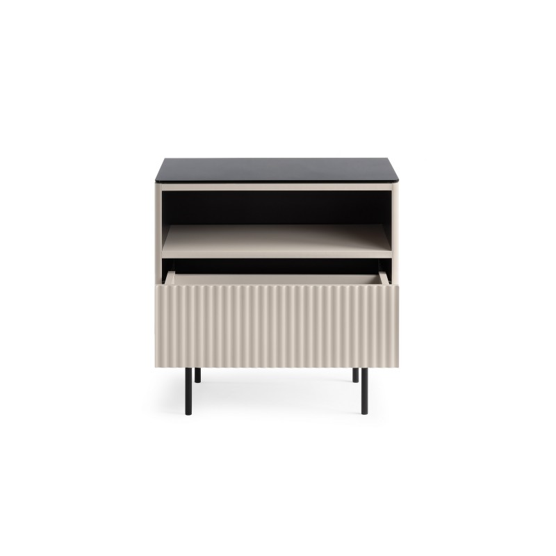 Eleganter Nachttisch RITA aus Kaschmir mit Schublade und LED-Beleuchtung für moderne Innenräume 3/9