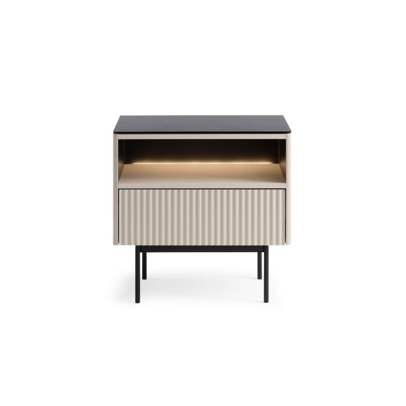 Eleganter Nachttisch RITA aus Kaschmir mit Schublade und LED-Beleuchtung für moderne Innenräume 4/9