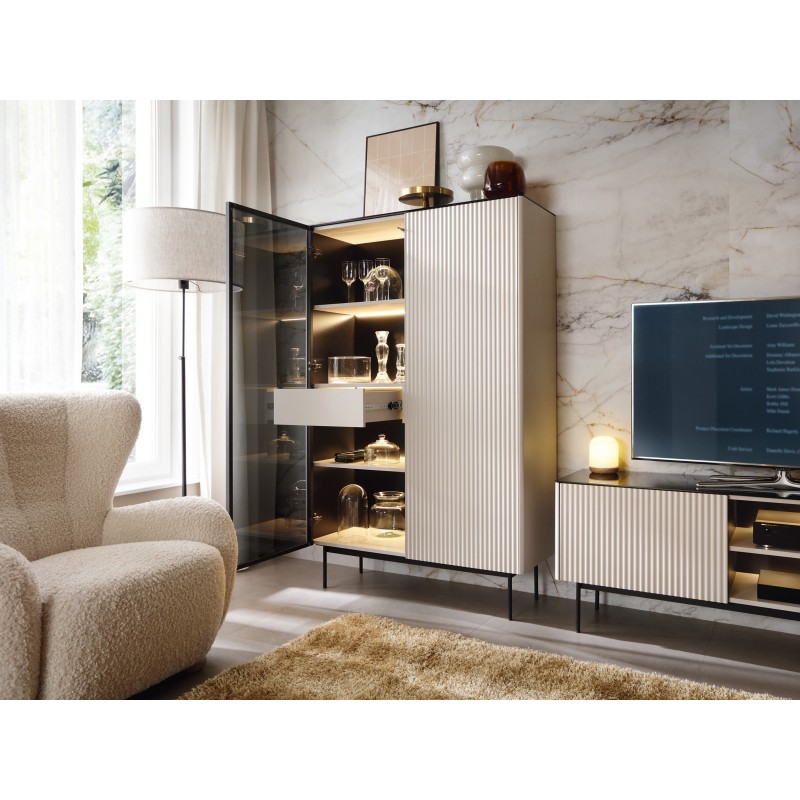 RITA hohe Kaschmirvitrine mit Glasfront, Schublade und LED-Beleuchtung 7/9