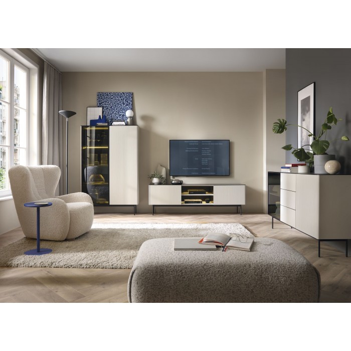 RITA hohe Kaschmirvitrine mit Glasfront, Schublade und LED-Beleuchtung