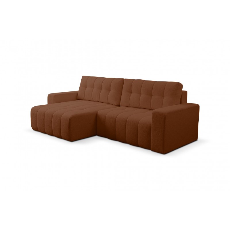 Modernes, gestepptes, braunes MASINA-Ecksofa mit Bettzeugablage und Schlaffunktion