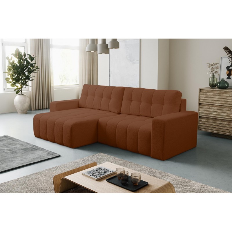 Modernes, gestepptes, braunes MASINA-Ecksofa mit Bettzeugablage und Schlaffunktion 2/9
