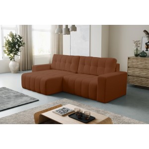 Modernes, gestepptes, braunes MASINA-Ecksofa mit Bettzeugablage und Schlaffunktion 2/9