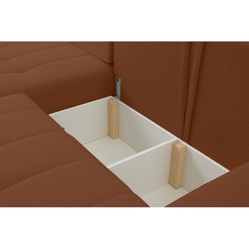 Modernes, gestepptes, braunes MASINA-Ecksofa mit Bettzeugablage und Schlaffunktion 6/9