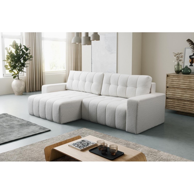Ecksofa MASINA weiß gesteppt mit Schlaffunktion und Bettzeugcontainer 2/9