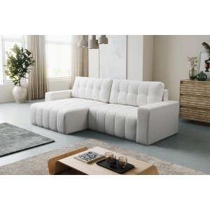 Ecksofa MASINA weiß gesteppt mit Schlaffunktion und Bettzeugcontainer 2/9