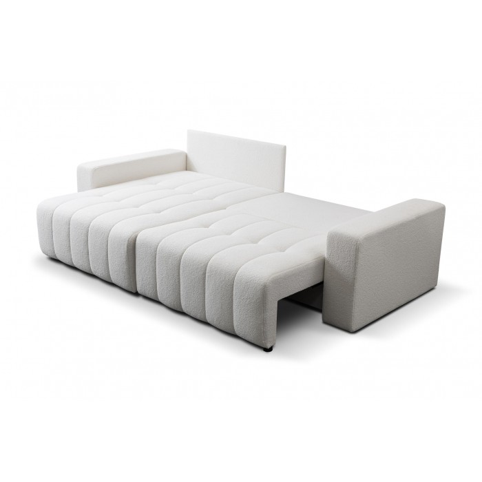Ecksofa MASINA weiß gesteppt mit Schlaffunktion und Bettzeugcontainer