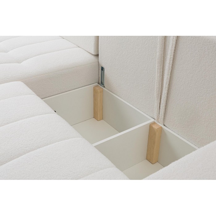 Ecksofa MASINA weiß gesteppt mit Schlaffunktion und Bettzeugcontainer