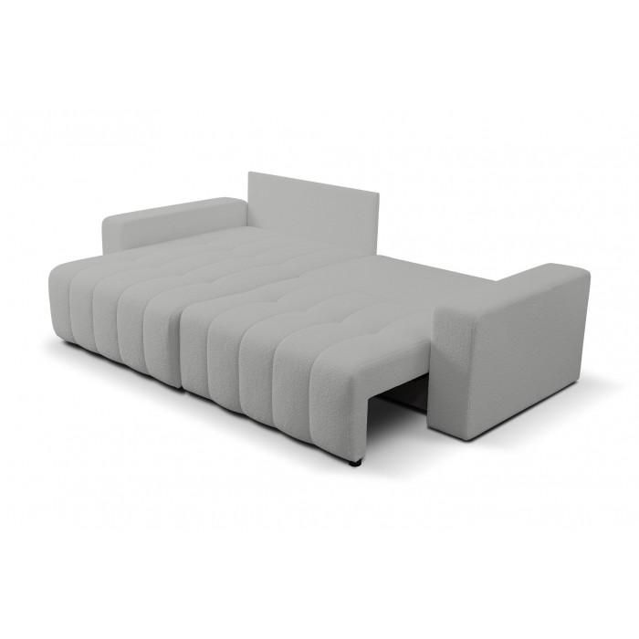 Hellgraues MASINA Stepp-Ecksofa mit Schlaffunktion und Bettzeugcontainer