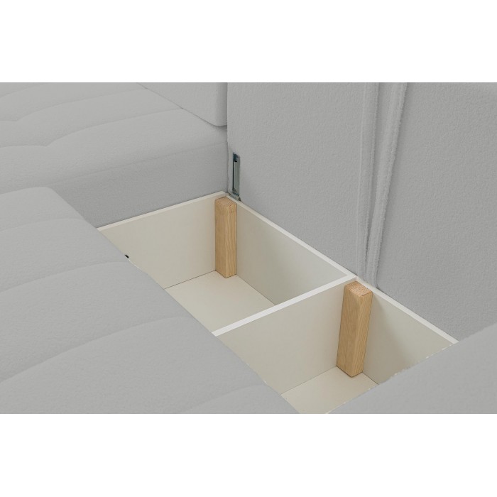 Hellgraues MASINA Stepp-Ecksofa mit Schlaffunktion und Bettzeugcontainer