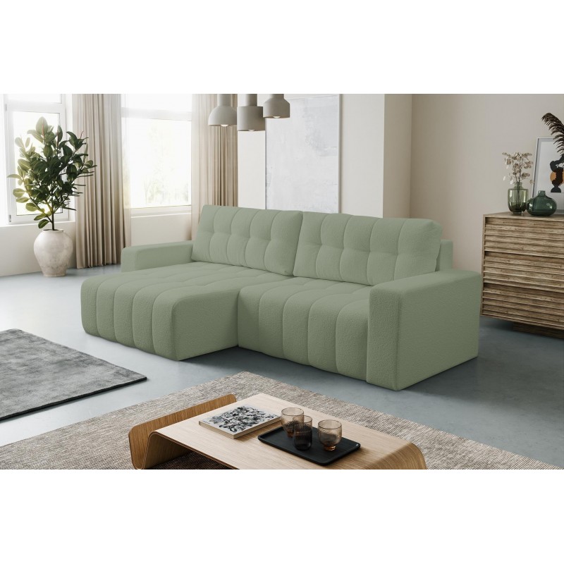 Exklusives Stepp-Ecksofa MASINA hellgrün mit Bettzeugablage und Schlaffunktion 2/9