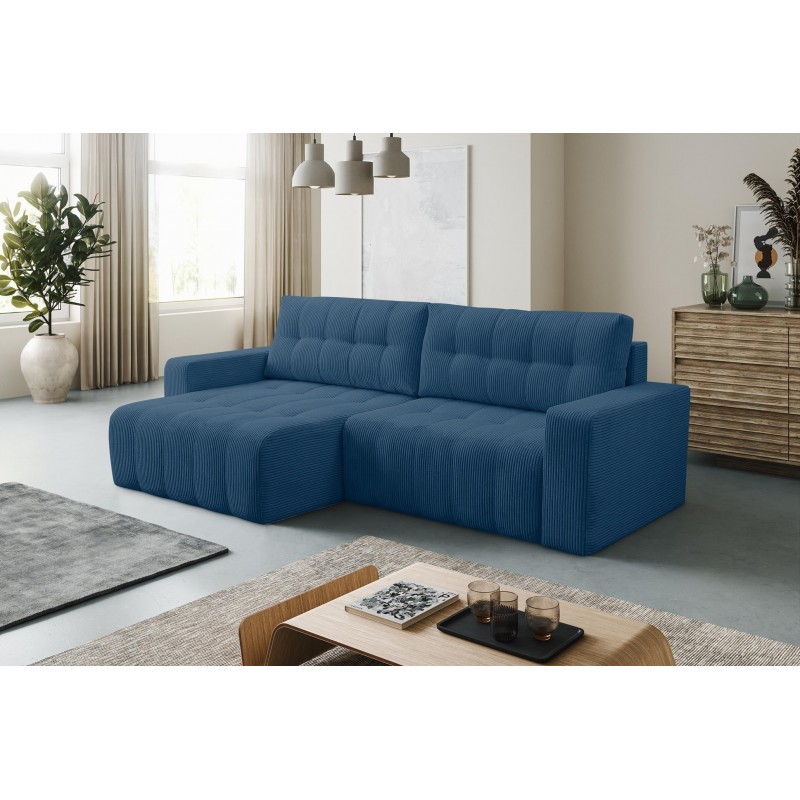 Ecksofa aus Kordstoff MASINA blau mit Schlaffunktion und Bettzeugcontainer 2/9