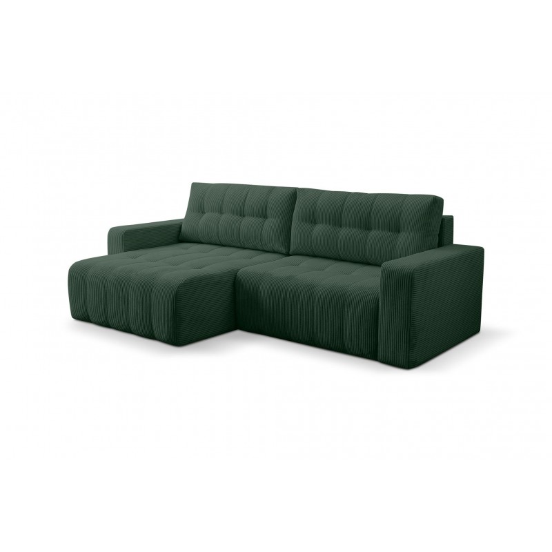 Exklusives Stepp-Ecksofa MASINA dunkelgrün mit Bettzeugablage und Schlaffunktion