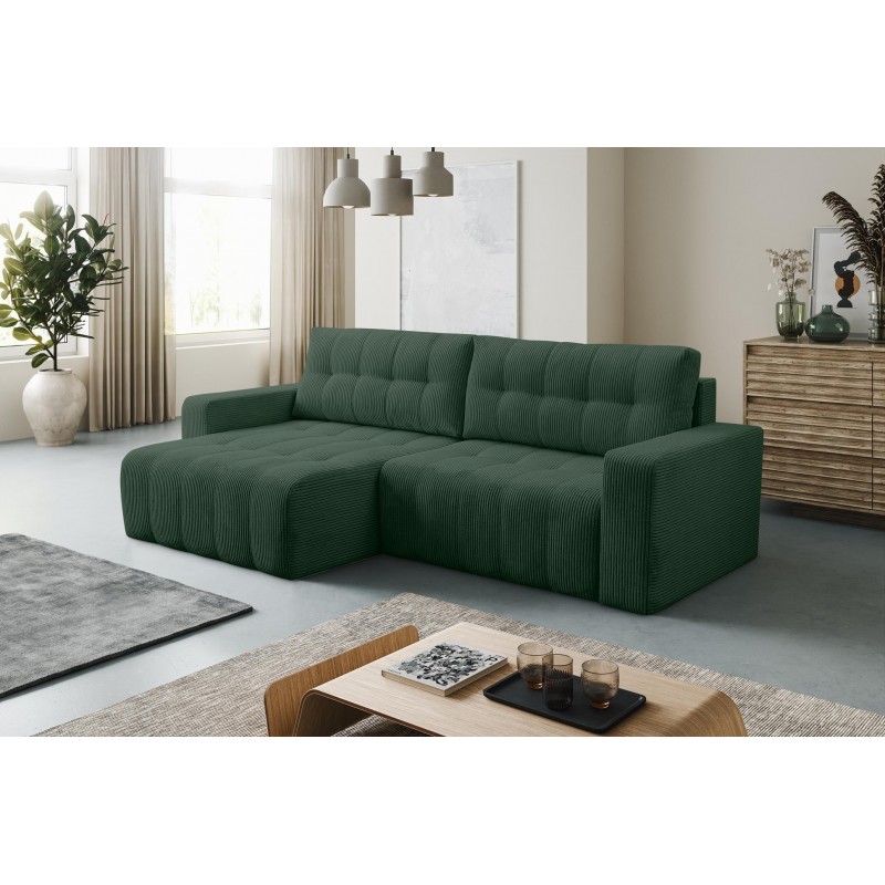 Exklusives Stepp-Ecksofa MASINA dunkelgrün mit Bettzeugablage und Schlaffunktion 2/9