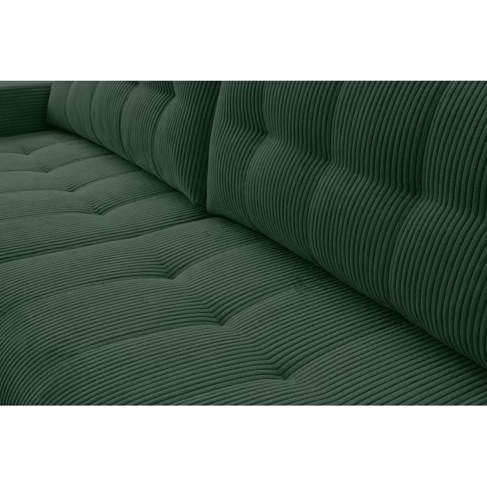 Exklusives Stepp-Ecksofa MASINA dunkelgrün mit Bettzeugablage und Schlaffunktion