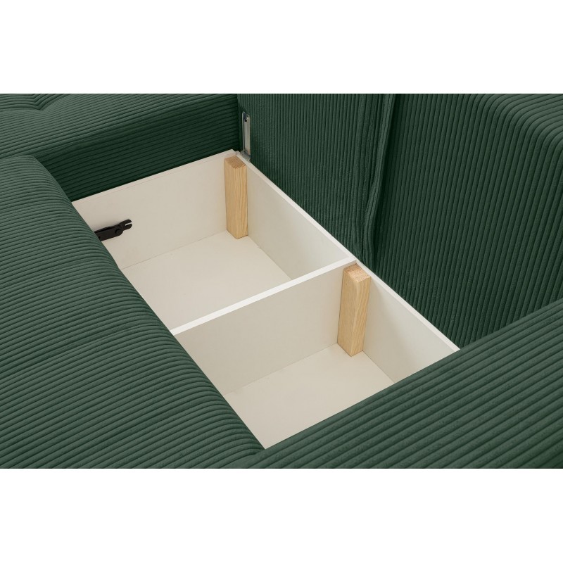 Exklusives Stepp-Ecksofa MASINA dunkelgrün mit Bettzeugablage und Schlaffunktion 6/9