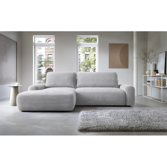 CORDINA Design-Ecksofa in Grau mit Bettzeugablage und Schlaffunktion