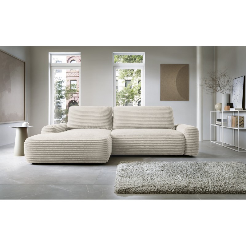 Cremefarbenes Cord-Ecksofa CORDINA mit Schlaffunktion und Bettzeugfach 10/9