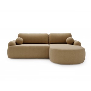 Elegantes, beigefarbenes Ecksofa CLOUDY aus Lammfell mit abgerundeten Seiten und dekorativen, kugelförmigen Polstern 2/9