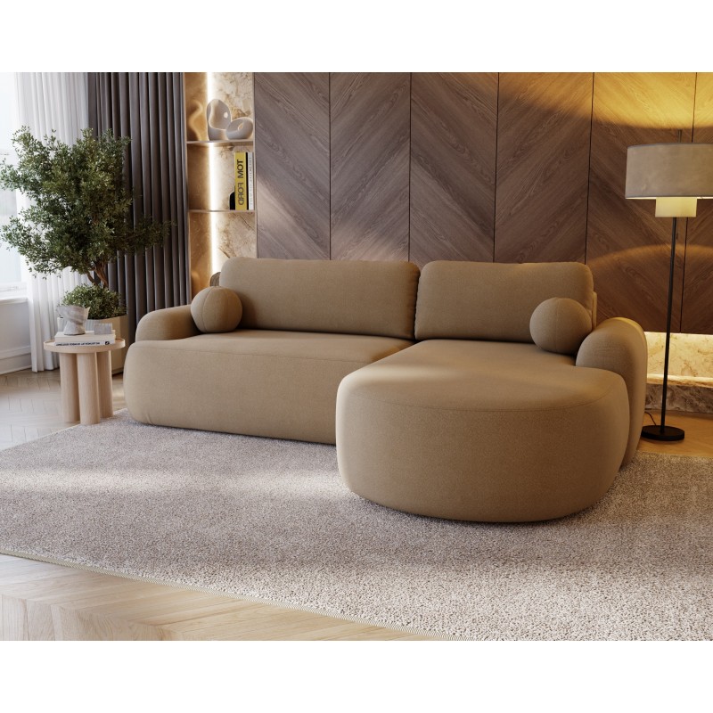 Elegantes, beigefarbenes Ecksofa CLOUDY aus Lammfell mit abgerundeten Seiten und dekorativen, kugelförmigen Polstern 3/9