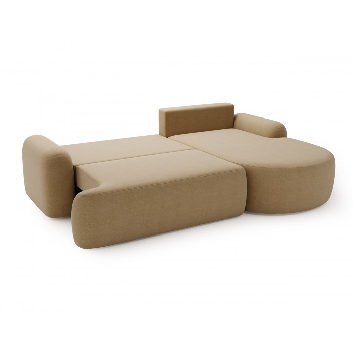 Elegantes, beigefarbenes Ecksofa CLOUDY aus Lammfell mit abgerundeten Seiten und dekorativen, kugelförmigen Polstern