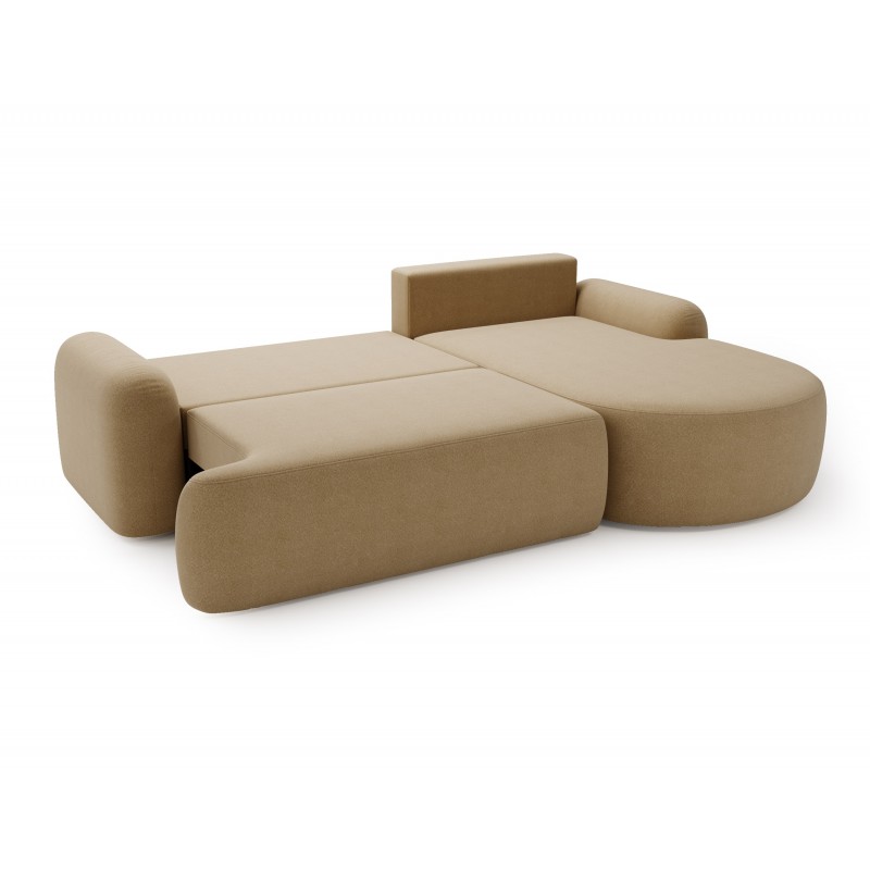 Elegantes, beigefarbenes Ecksofa CLOUDY aus Lammfell mit abgerundeten Seiten und dekorativen, kugelförmigen Polstern 7/9