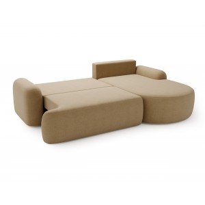 Elegantes, beigefarbenes Ecksofa CLOUDY aus Lammfell mit abgerundeten Seiten und dekorativen, kugelförmigen Polstern 7/9