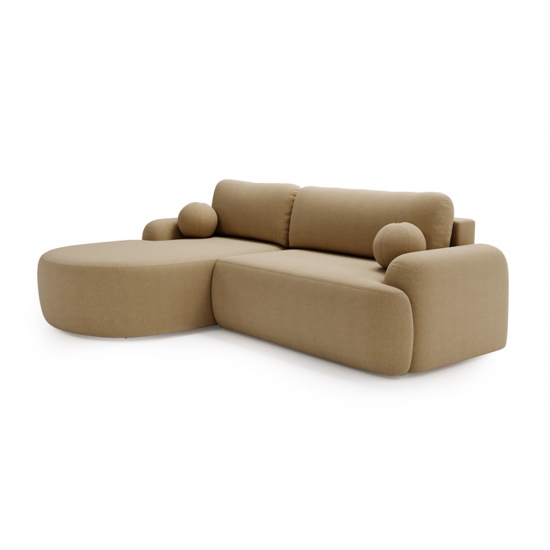 Elegante beigefarbene CLOUDY-Ecke links aus Lammfellstoff mit abgerundeten Seiten und dekorativen kugelförmigen Kissen
