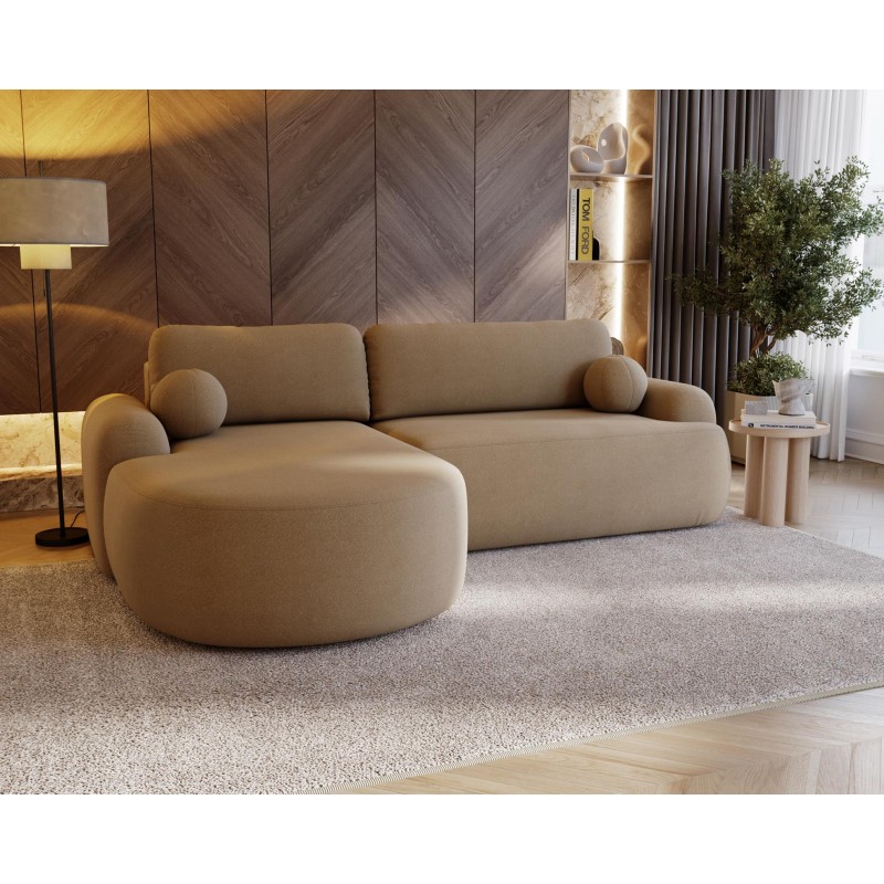 Elegante beigefarbene CLOUDY-Ecke links aus Lammfellstoff mit abgerundeten Seiten und dekorativen kugelförmigen Kissen 3/9