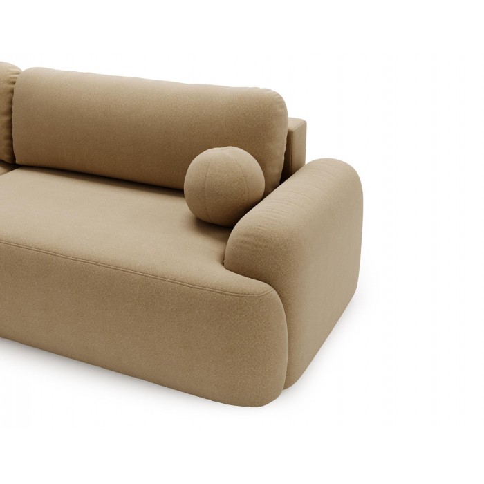 Elegante beigefarbene CLOUDY-Ecke links aus Lammfellstoff mit abgerundeten Seiten und dekorativen kugelförmigen Kissen
