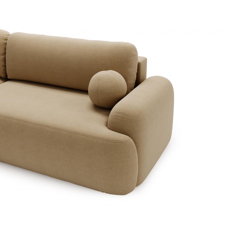 Elegante beigefarbene CLOUDY-Ecke links aus Lammfellstoff mit abgerundeten Seiten und dekorativen kugelförmigen Kissen 5/9