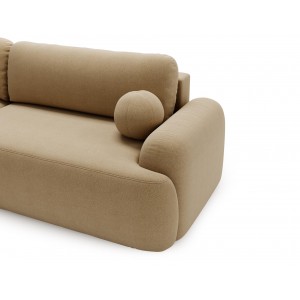 Elegante beigefarbene CLOUDY-Ecke links aus Lammfellstoff mit abgerundeten Seiten und dekorativen kugelförmigen Kissen 5/9