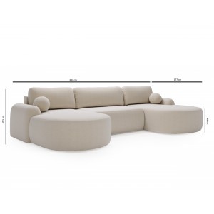 Elegantes beiges Ecksofa U CLOUDY aus Lammfellstoff mit abgerundeten Seiten und dekorativen Kugelkissen 7/9