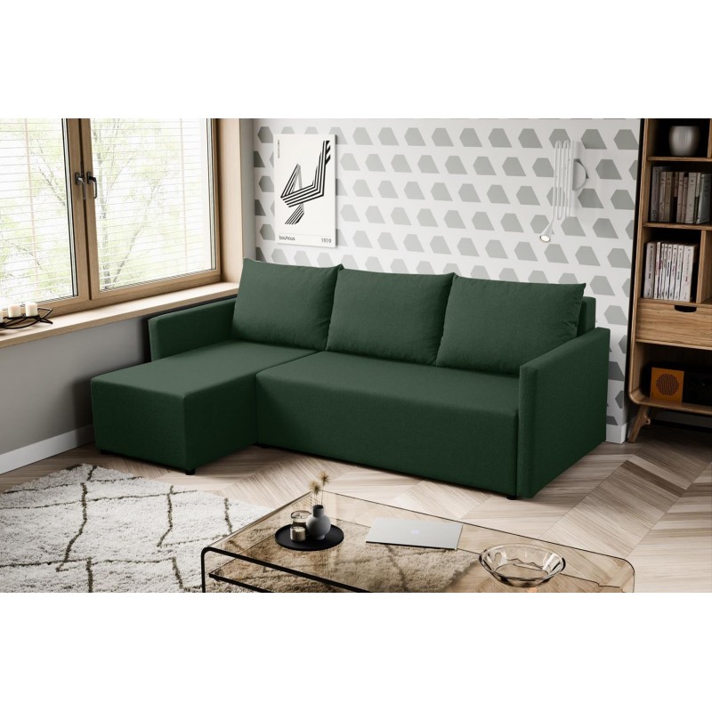 Grünes Ecksofa aus faro KRISO-Stoff mit Schlaffunktion und Staufach für Bettzeug 3/9