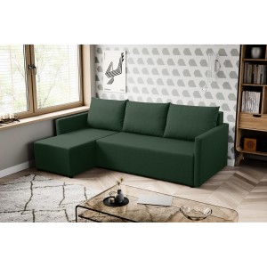 Grünes Ecksofa aus faro KRISO-Stoff mit Schlaffunktion und Staufach für Bettzeug 3/9