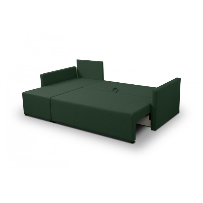 Grünes Ecksofa aus faro KRISO-Stoff mit Schlaffunktion und Staufach für Bettzeug