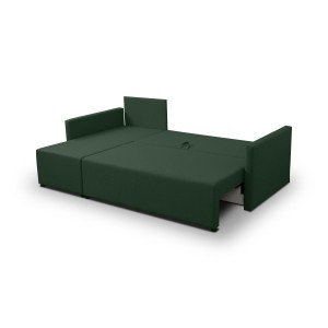 Grünes Ecksofa aus faro KRISO-Stoff mit Schlaffunktion und Staufach für Bettzeug 4/9