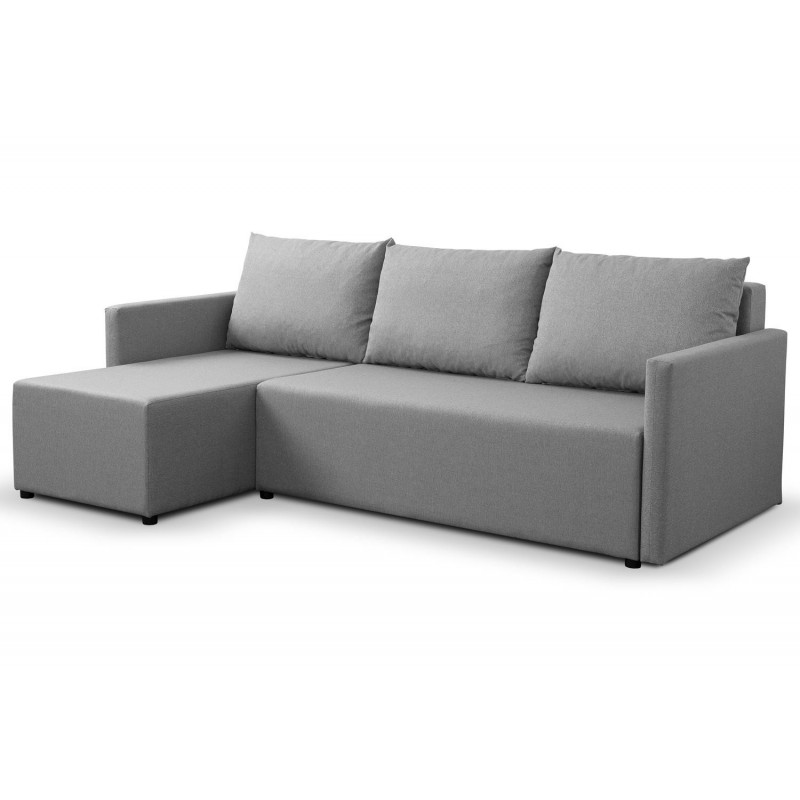 Stilvolles Ecksofa aus grauem Faro-Stoff KRISO mit Schlaffunktion und Staufach für Bettzeug