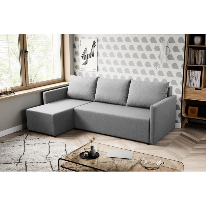 Stilvolles Ecksofa aus grauem Faro-Stoff KRISO mit Schlaffunktion und Staufach für Bettzeug