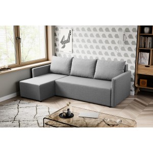 Stilvolles Ecksofa aus grauem Faro-Stoff KRISO mit Schlaffunktion und Staufach für Bettzeug 3/9