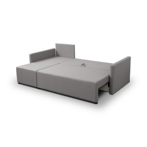 Stilvolles Ecksofa aus grauem Faro-Stoff KRISO mit Schlaffunktion und Staufach für Bettzeug 4/9