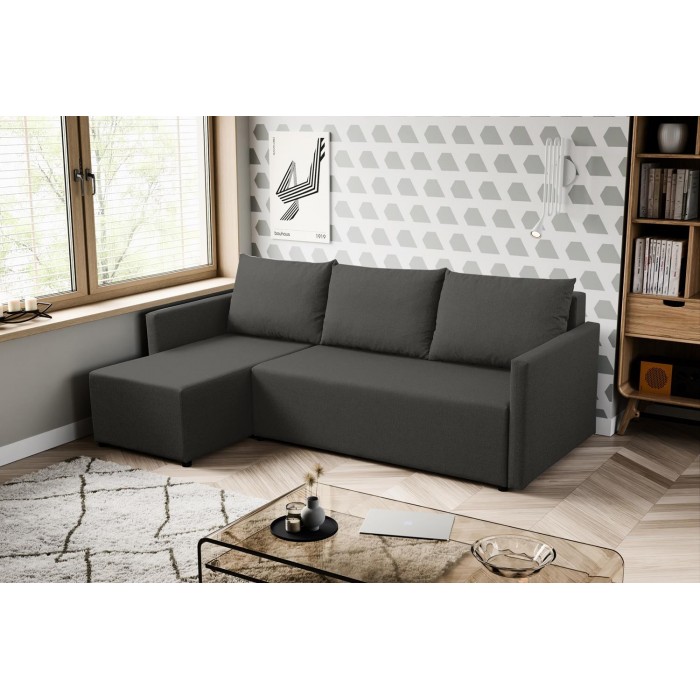 Elegantes anthrazitfarbenes Ecksofa aus faro KRISO-Stoff mit Schlaffunktion und Bettzeugstauraum