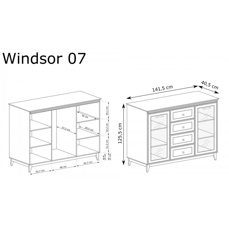 Zweitürige Vitrine WINDSOR mit Schubladen, in einem klassischen Kaschmir-Ton, perfekt für elegante Innenräume 7/9
