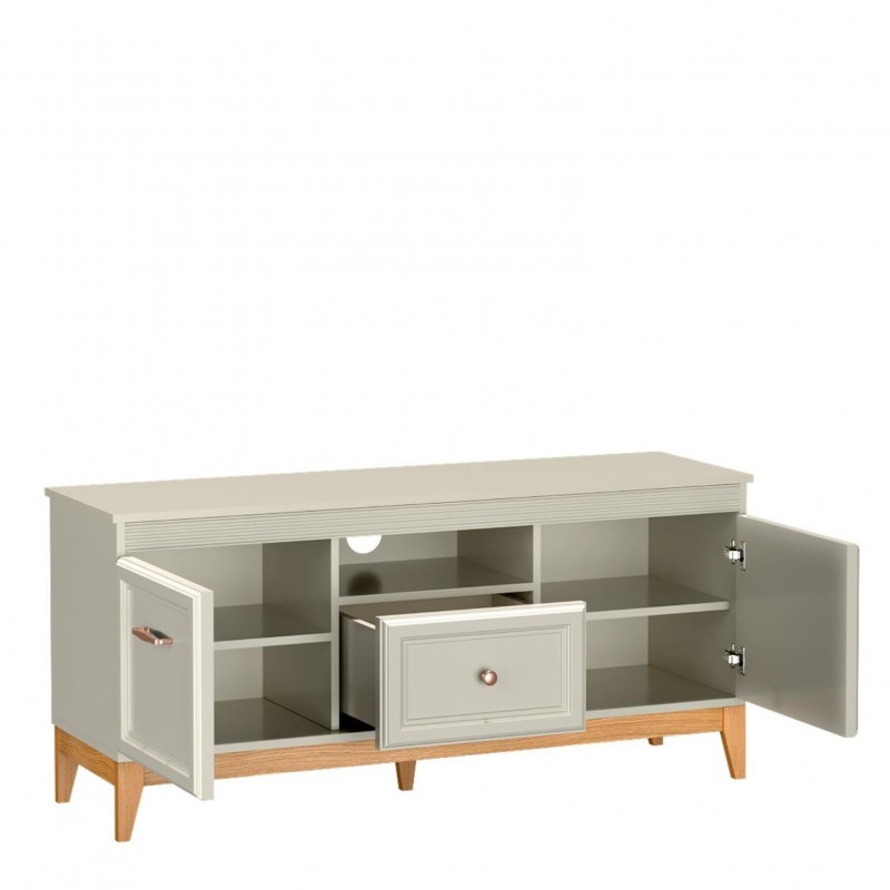 Zweitüriger RTV-Schrank WINDSOR mit Schublade, in einem eleganten Kaschmir-Farbton, passend zu modernen Einrichtungen 3/9
