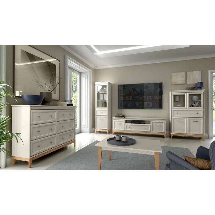Zweitüriger RTV-Schrank WINDSOR mit Schublade, in einem eleganten Kaschmir-Farbton, passend zu modernen Einrichtungen