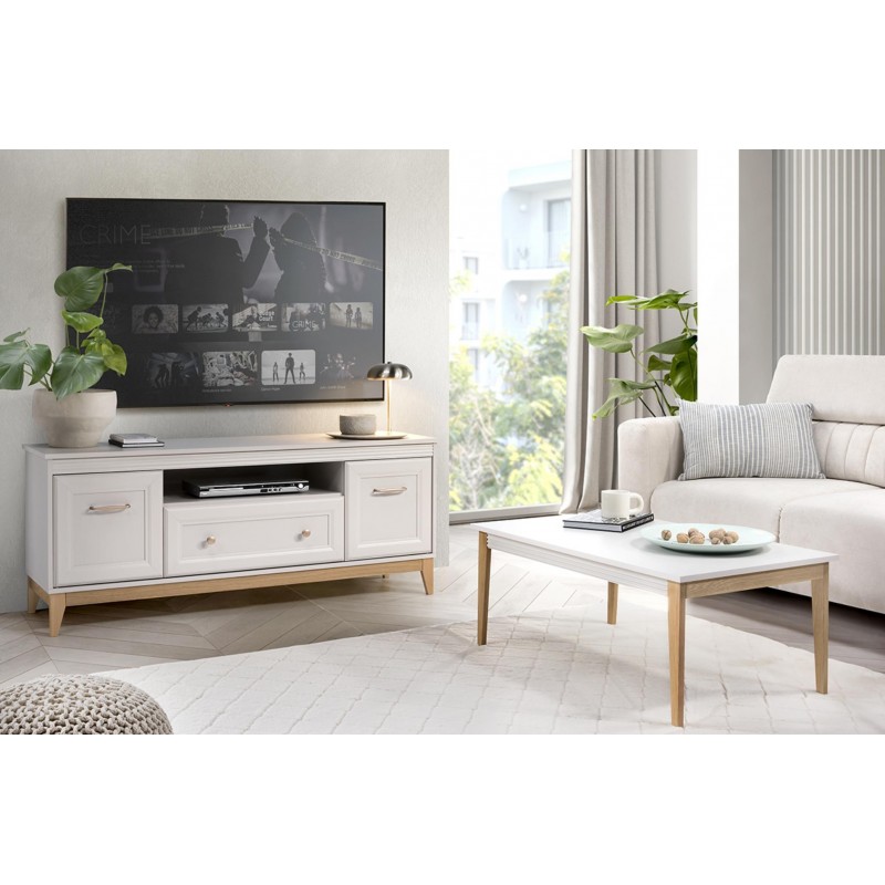 Zweitüriger RTV-Schrank WINDSOR mit Schublade, in einem eleganten Kaschmir-Farbton, passend zu modernen Einrichtungen 6/9