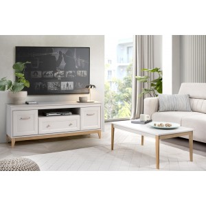 Zweitüriger RTV-Schrank WINDSOR mit Schublade, in einem eleganten Kaschmir-Farbton, passend zu modernen Einrichtungen 6/9