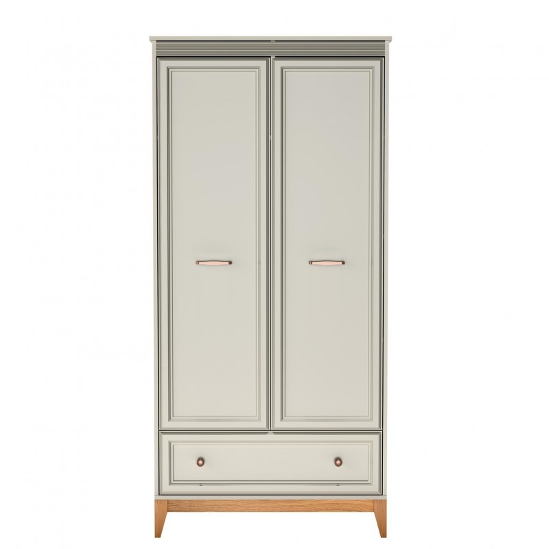 Zweitüriger Kleiderschrank WINDSOR mit Schublade, in einem eleganten Kaschmir-Farbton, perfekt für klassische Innenräume 2/9